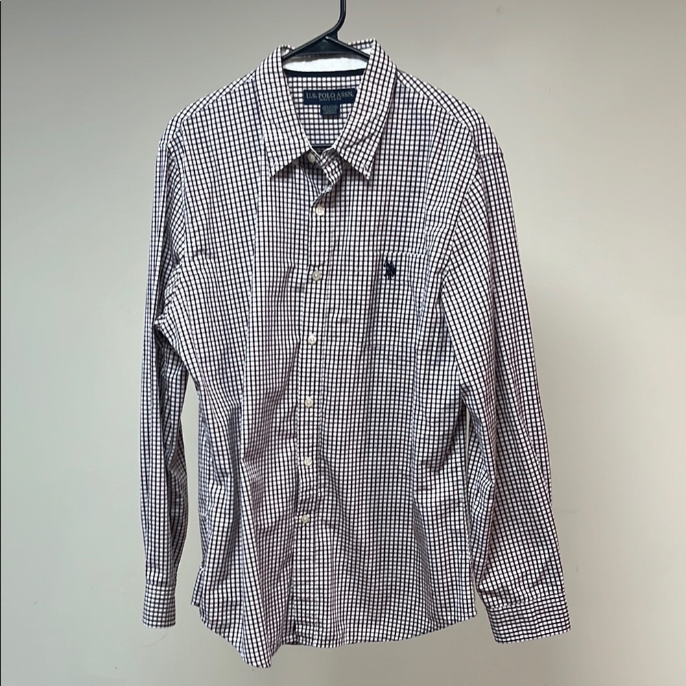 US Polo Assn Men's Checkered/Plaid Shirt - Burgundy and White